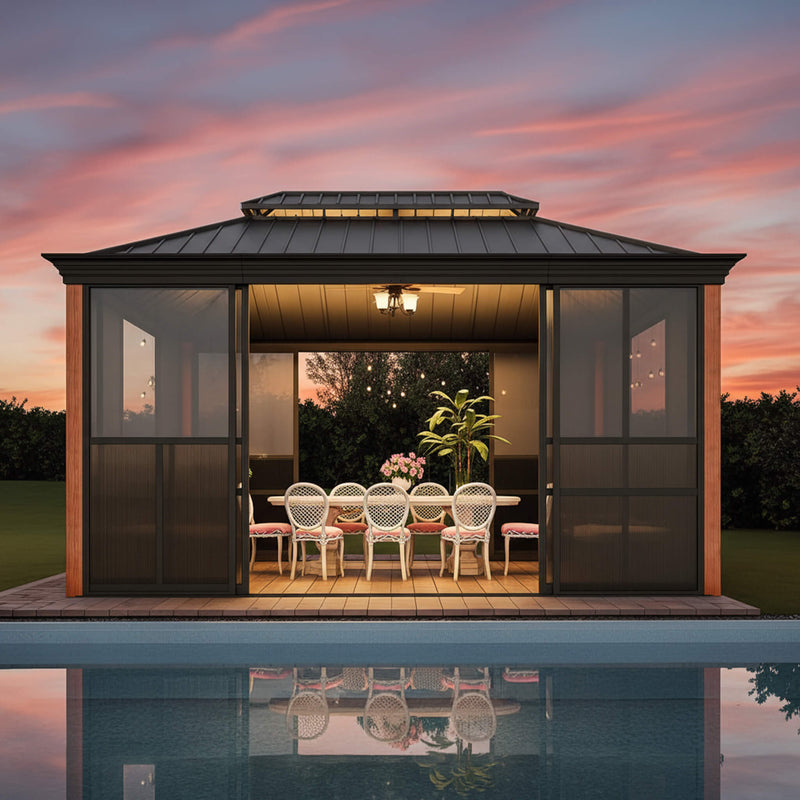 Alora Solstice Premium All-Season Outdoor Wood Grain Sunroom With Sliding Doors And Double Top Roof (SAK58317)