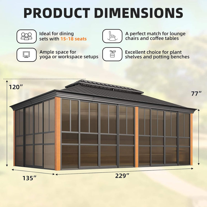 Alora Solstice Premium All-Season Outdoor Wood Grain Sunroom With Sliding Doors And Double Top Roof (SAK58317)