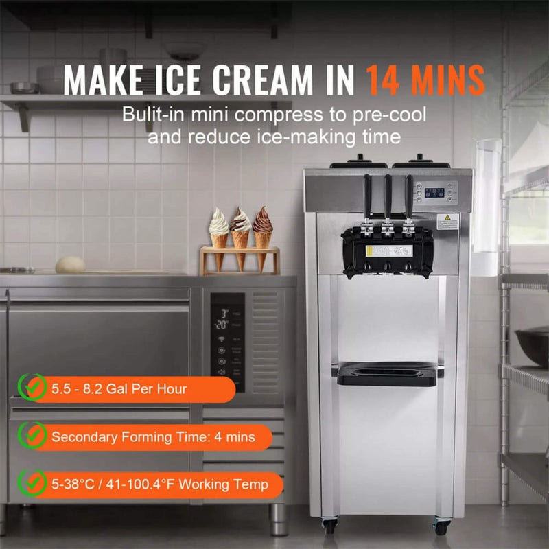 Premium Commercial 3-flavor Freestanding Soft Serve Ice Cream Machine Maker, 21-31 L/H (SAK21874)