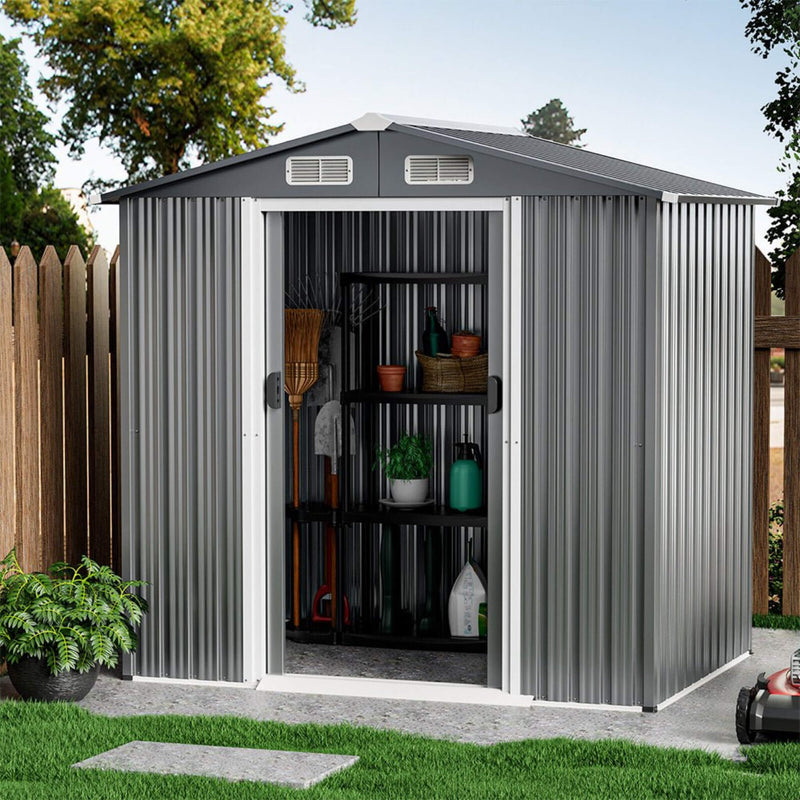 [06X04FT] Alora Premium Garden Galvanized Steel Storage Shed W/ Lockable Sliding Doors (SAK75842)
