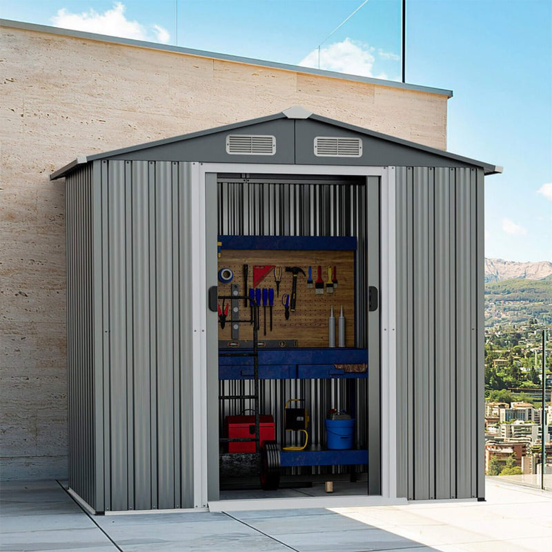 [06X04FT] Alora Premium Garden Galvanized Steel Storage Shed W/ Lockable Sliding Doors (SAK75842)