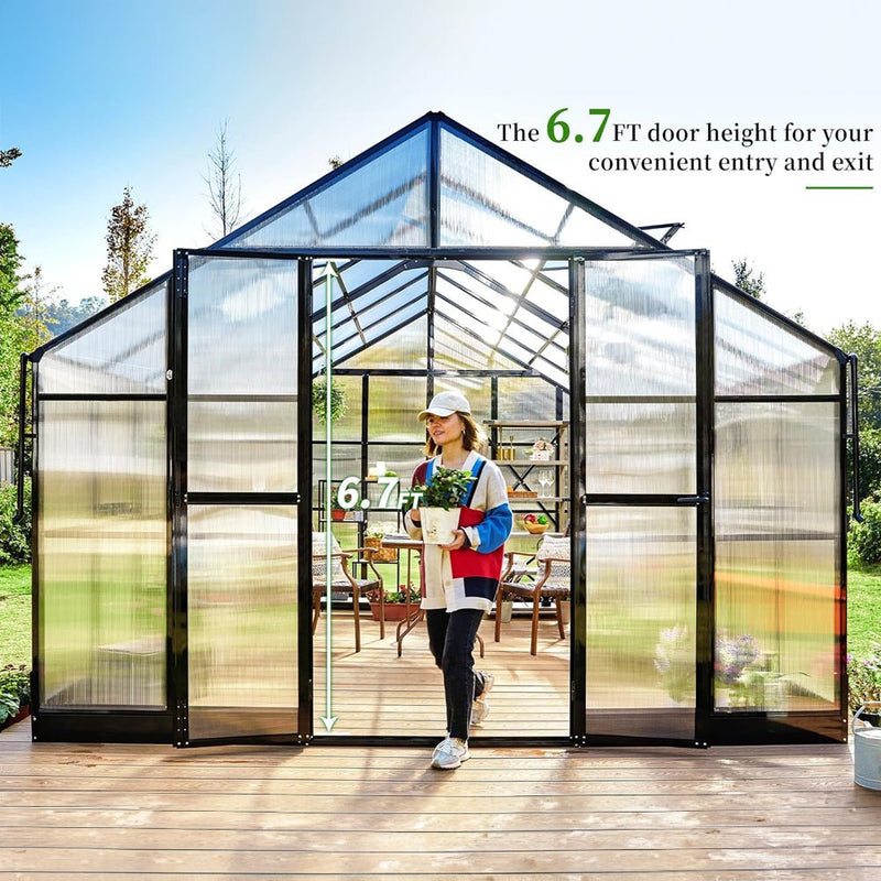 [12X13.5FT] Premium Large Outdoor Double Door Aluminum Polycarbonate Greenhouse With Quick Connect Fitting (96243175)