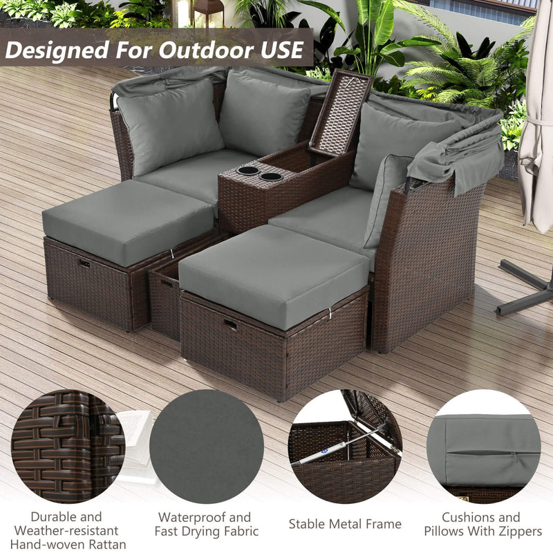Alora Premium Outdoor 2-Seater Patio Daybed With Foldable Awning, Cushions, And Rattan Frame (SAK90233)
