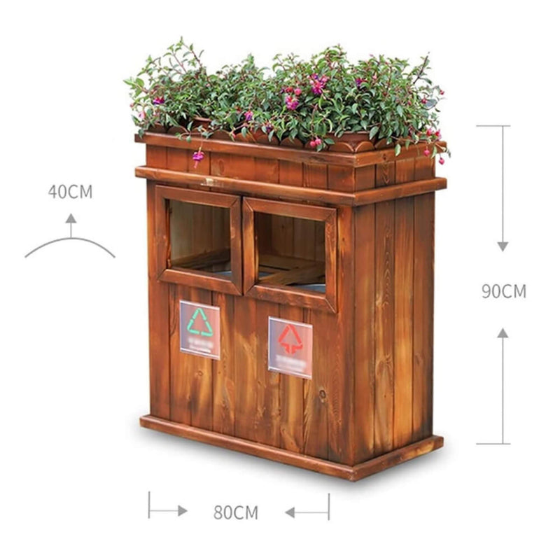 Premium Outdoor Anticorrosive Wooden Commercial Trash Can With Flower Box, 35" (SAK97582)