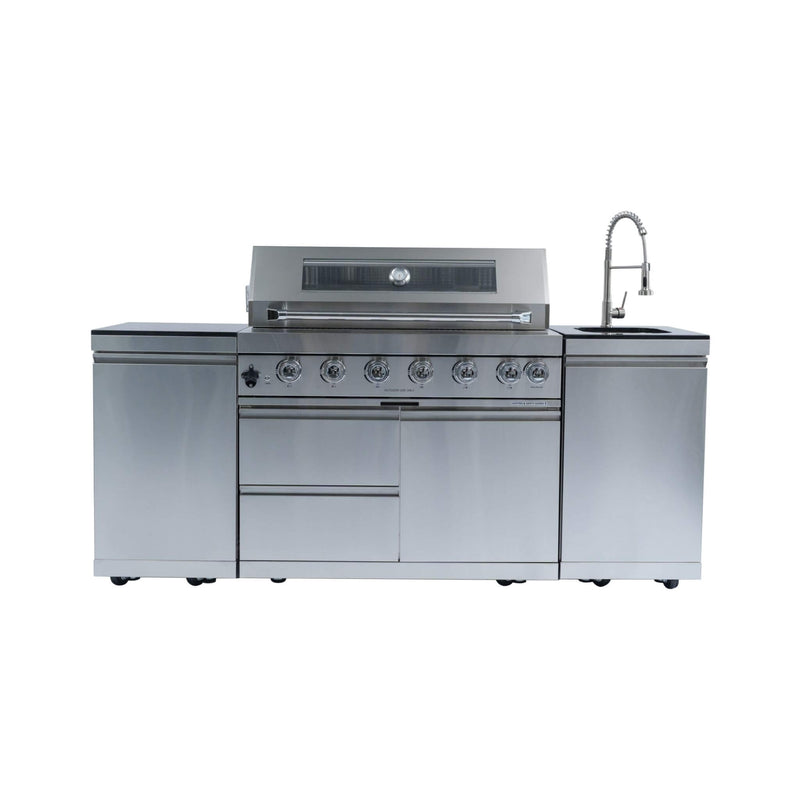 Castelle Flame Outdoor BBQ Kitchen Island With 43-Inch 6-Burner 85K BTU Propane Gas Grill, Rotisserie Kit, And Storage Cabinets (SAK95623)