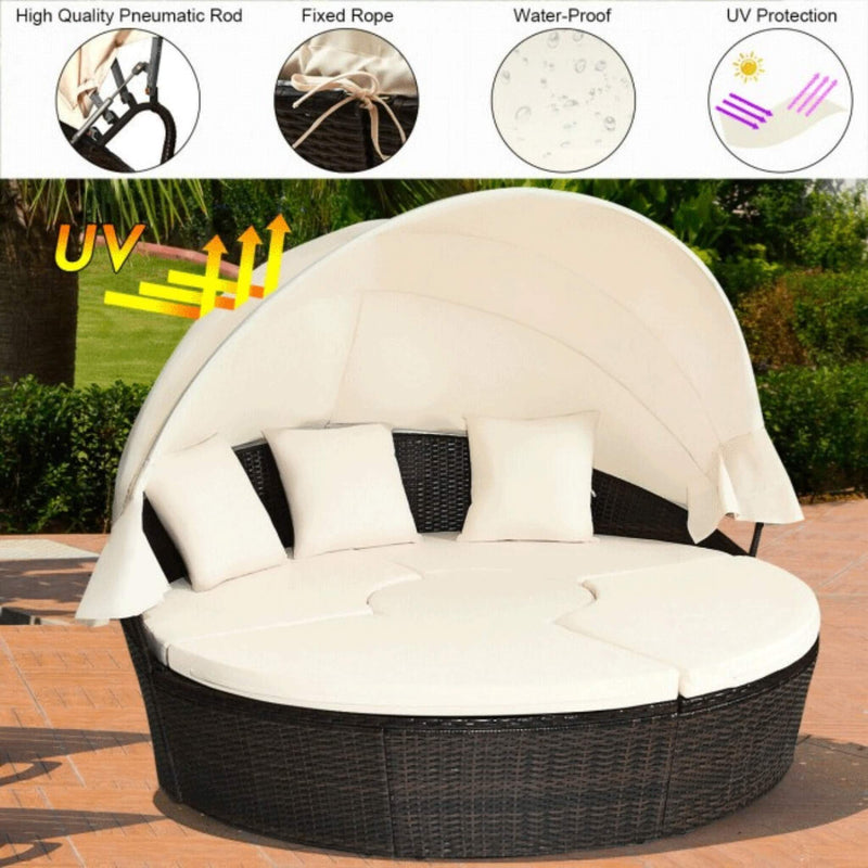 Premium Round Outdoor Patio Rattan Daybed W/ Canopy & Table, 76" (SAK96418)