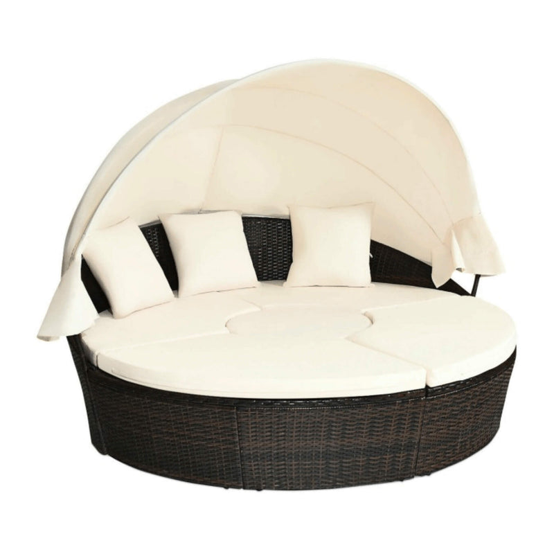 Premium Round Outdoor Patio Rattan Daybed W/ Canopy & Table, 76" (SAK96418)