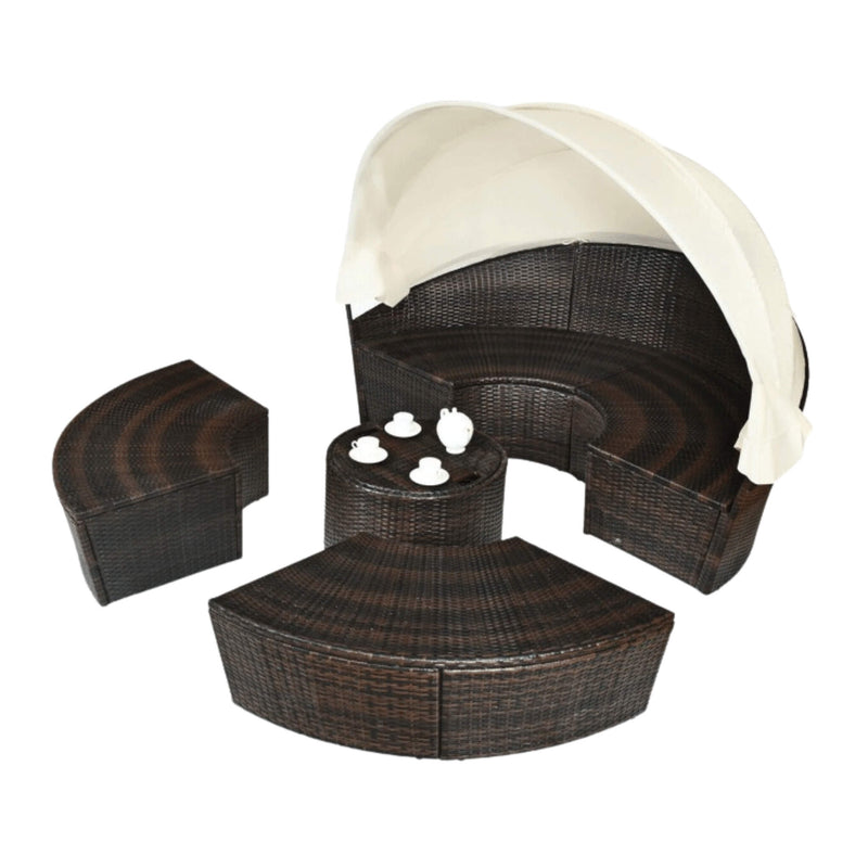 Premium Round Outdoor Patio Rattan Daybed W/ Canopy & Table, 76" (SAK96418)