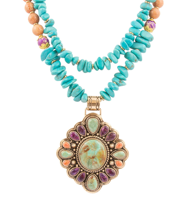 Prescott Blue Turquoise Purple and Orange Statement Pendant Golden Necklace