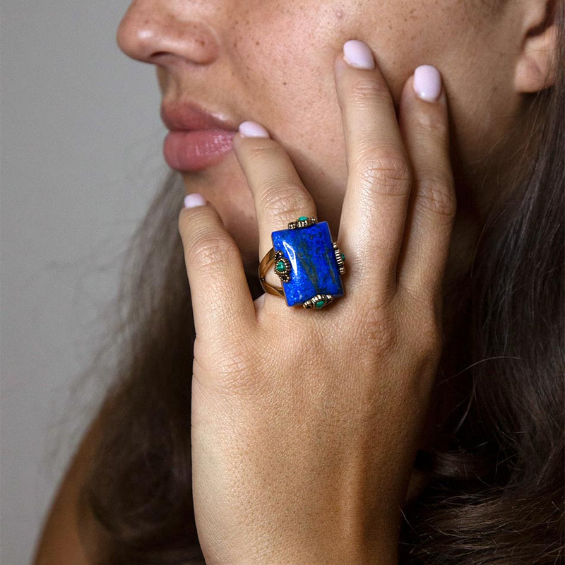 Prismatic Blue Lapis and Malachite Golden Ring
