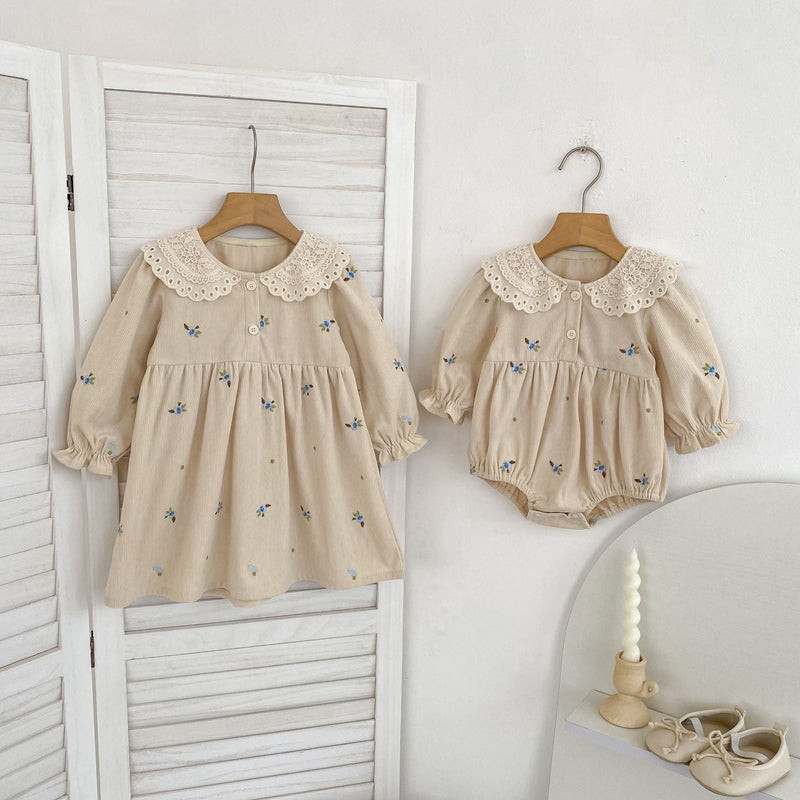 Autumn Hot Selling Baby Kids Girls Flowers Embroidered Pattern Long-sleeved Onesies and Dress – Princess Sister Matching Set