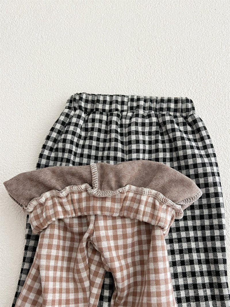 Arrival Autumn Baby Kids Girls Cheap Plaid Trousers Pants with Lace Trim