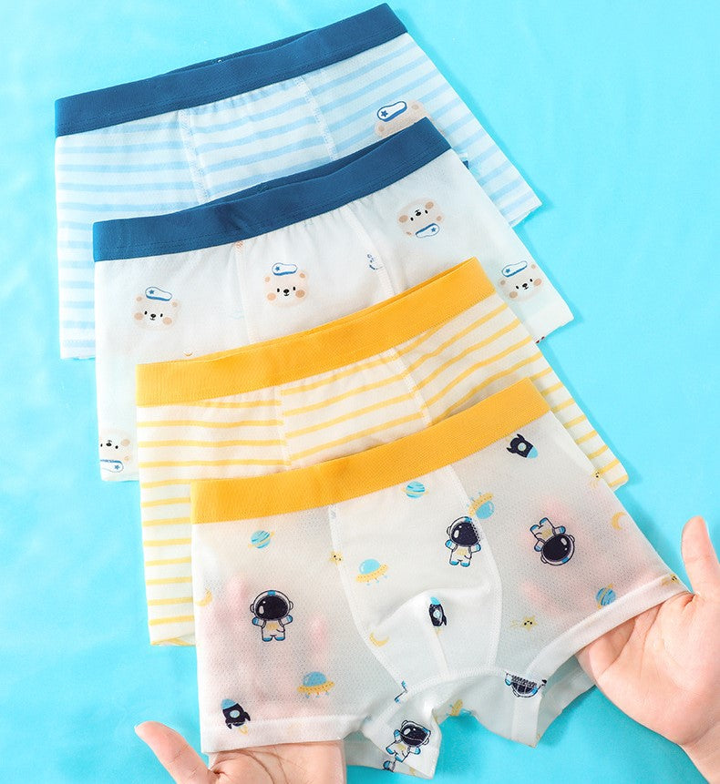 Boys’ Cartoon and Striped Printed Boxer Shorts Breathable 0.02cm Thin Underwear Set