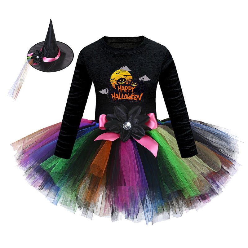 Arrival Girls’ Halloween Costume: Long Sleeves Cartoon Printed Witches Cosplay Party Tulle Patchwork Dress with Hat Set