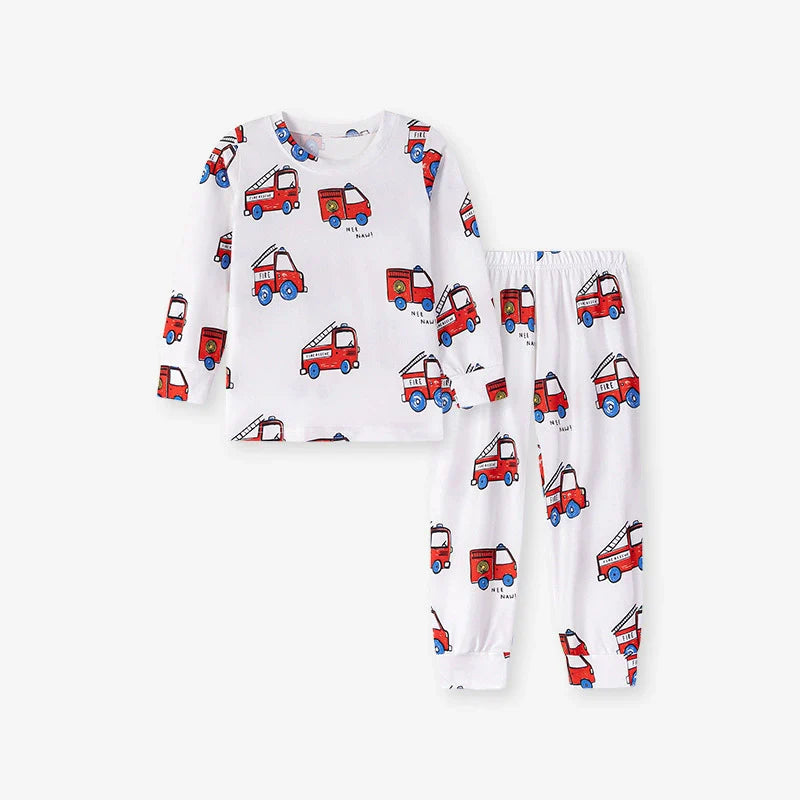 Fire Truck Kids Sleepwear Set – Long Sleeve Shirt and Pants, Cartoon Firefighter Design