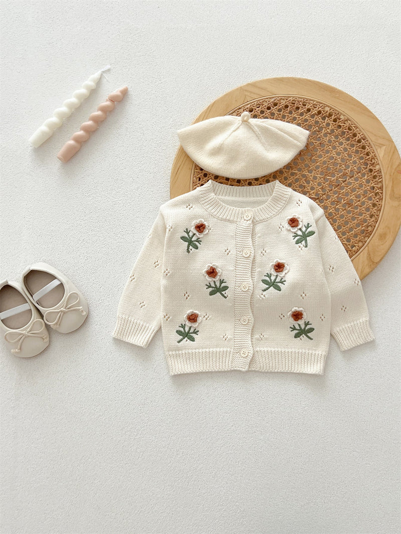 Autumn Arrival Baby Kids Girls Comfortable Flowers Embroiedery Pattern Knitted Long Sleeves Cardigan