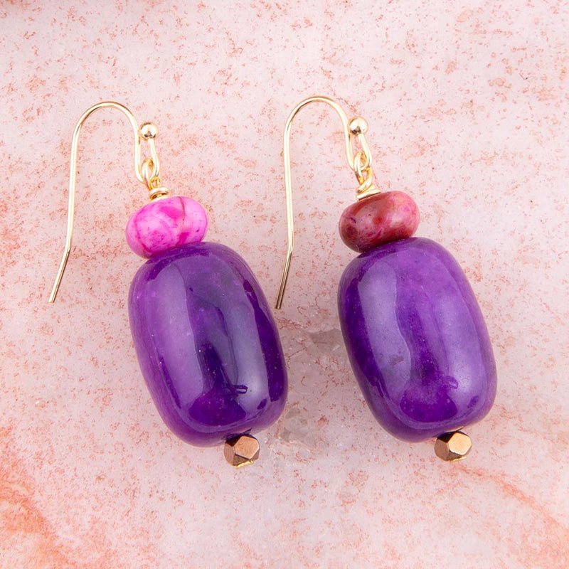 Purple Agate Drop Golden Earrings