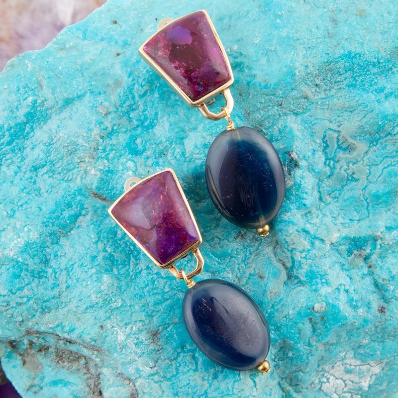 Purple Turquoise Indigo Golden Clip Earrings
