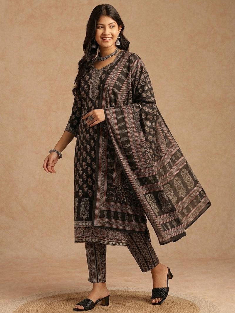 Elegant Black & Beige Printed Kurta Set with Dupatta