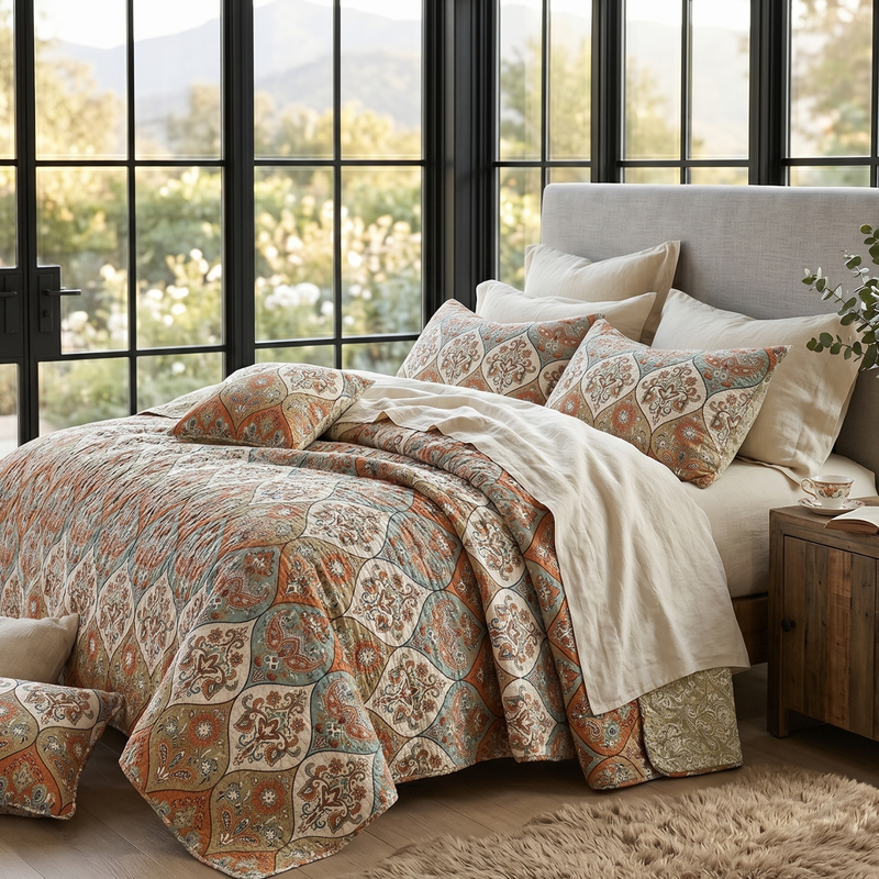 DaDa Bedding Bohemian Floral Paisley Garden Coral Teal Quilted Bedspread Set (LH1403)