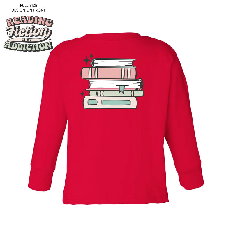 Reading Fiction is My Addiction on Front w/ Books on Back - Child Long Sleeve Tee