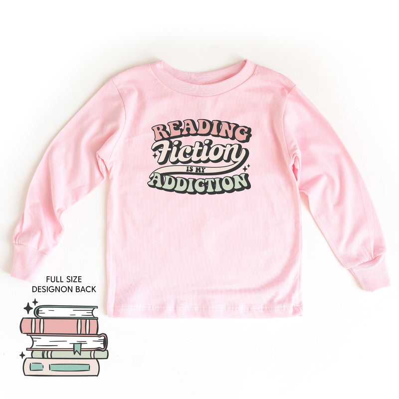 Reading Fiction is My Addiction on Front w/ Books on Back - Child Long Sleeve Tee