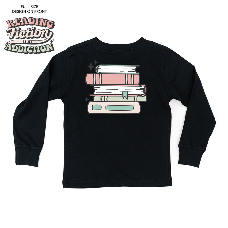 Reading Fiction is My Addiction on Front w/ Books on Back - Child Long Sleeve Tee