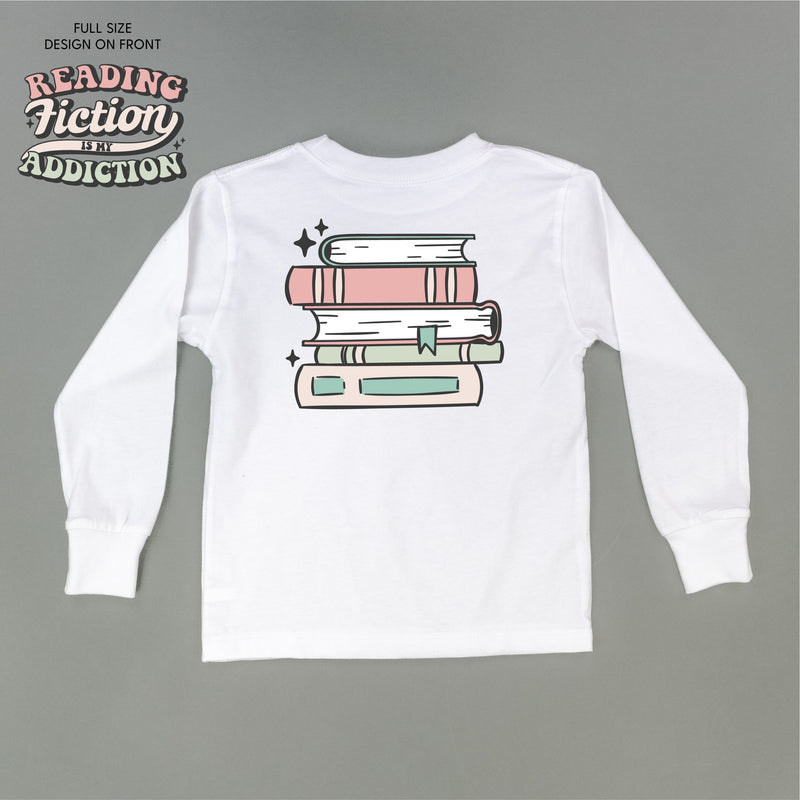 Reading Fiction is My Addiction on Front w/ Books on Back - Child Long Sleeve Tee