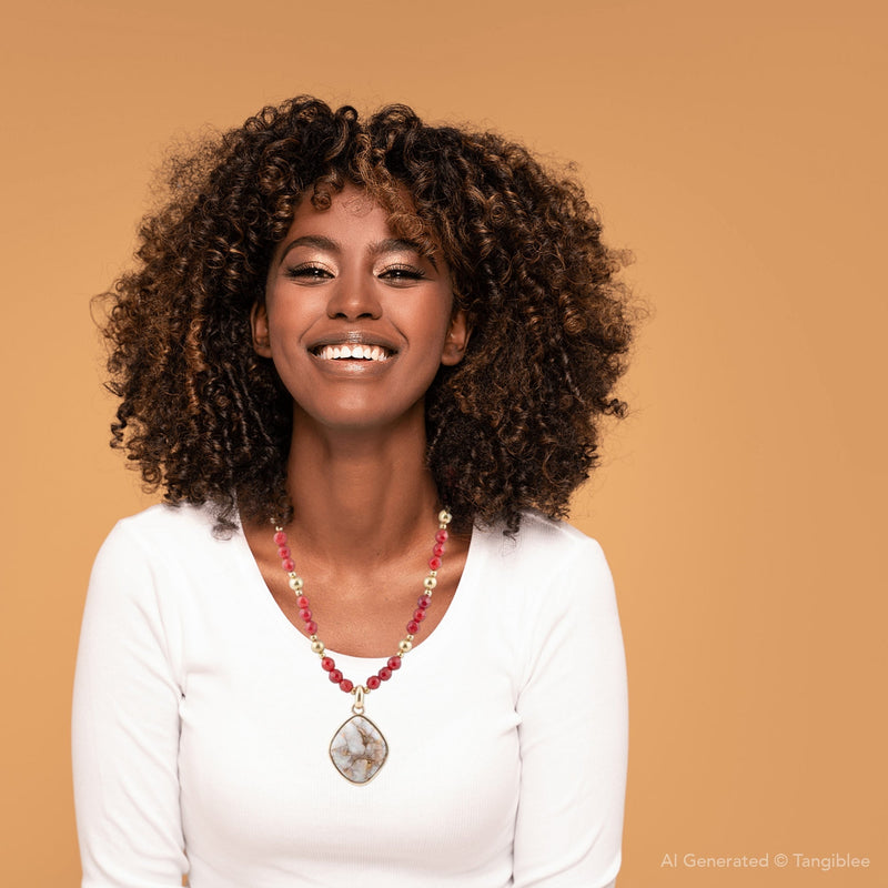 Red Carnelian and Crystal Calcite Pendant Golden Necklace