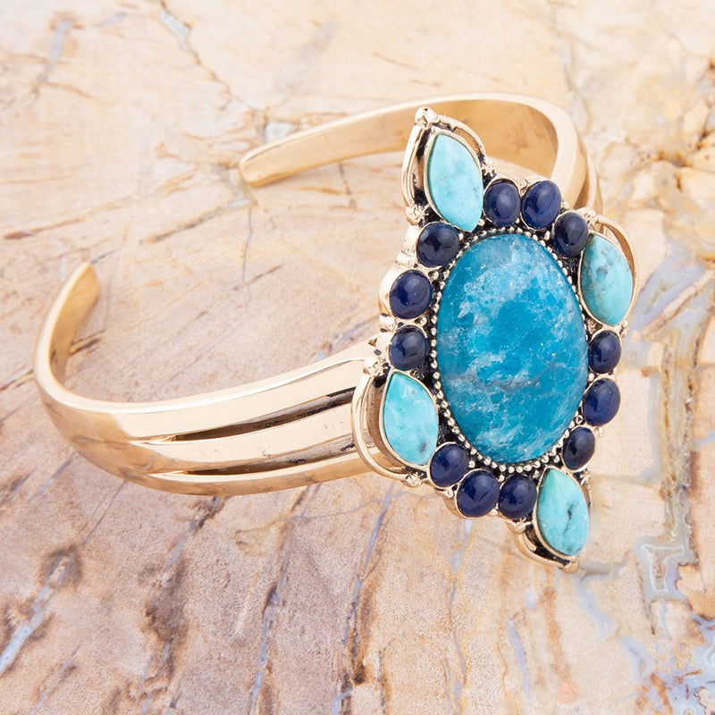 Regal Blue Apatite Mixed Stone Golden Cuff Bracelets