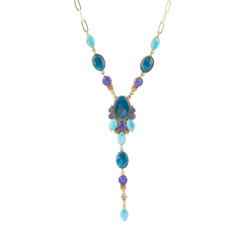 Regal Blue Apatite Mixed Stone Golden Pendant Necklace