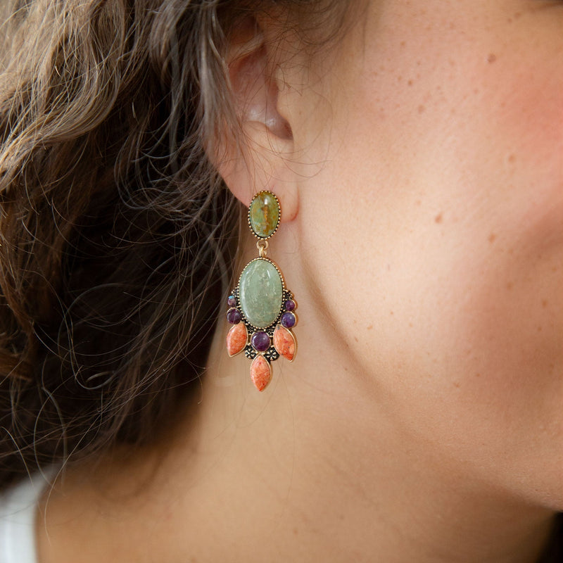 Regalia Blue Turquoise Purple and Orange Coral Goldden Post Drop Earrings