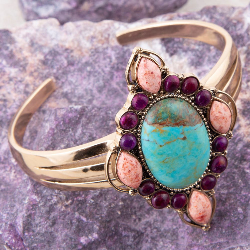 Regalia Blue Turquoise Purple and Orange Coral Golden Cuff Bracelet