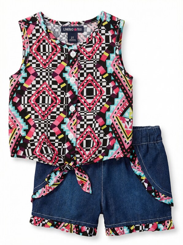Limited Too Baby Girls 2 Piece Printed Blouse and Flap Denim Short, Size 12 MO