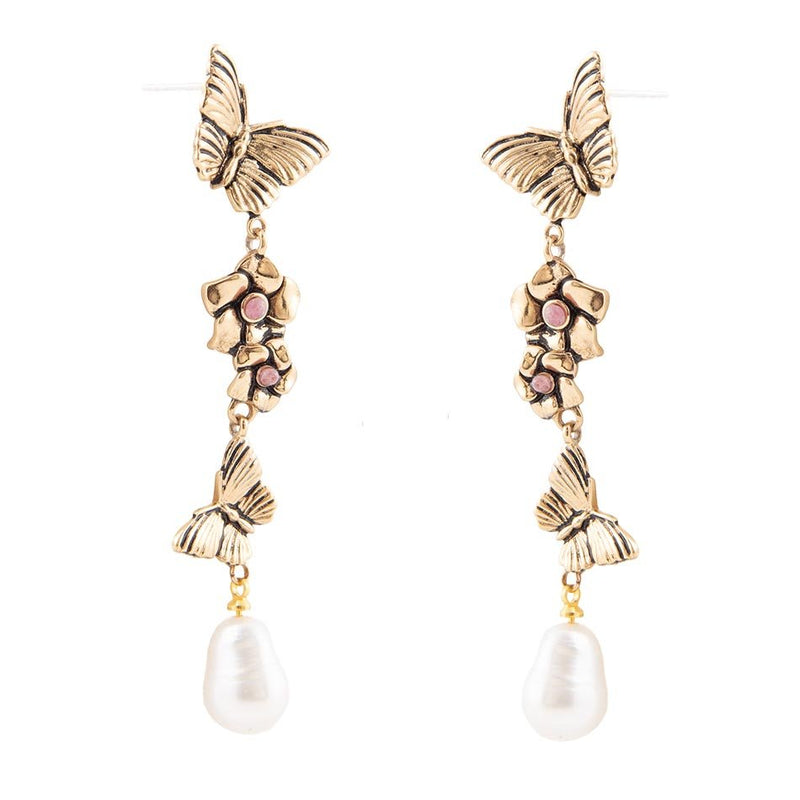 Rhodonite and White Pearl Golden Butterflies Post Drop Earrings