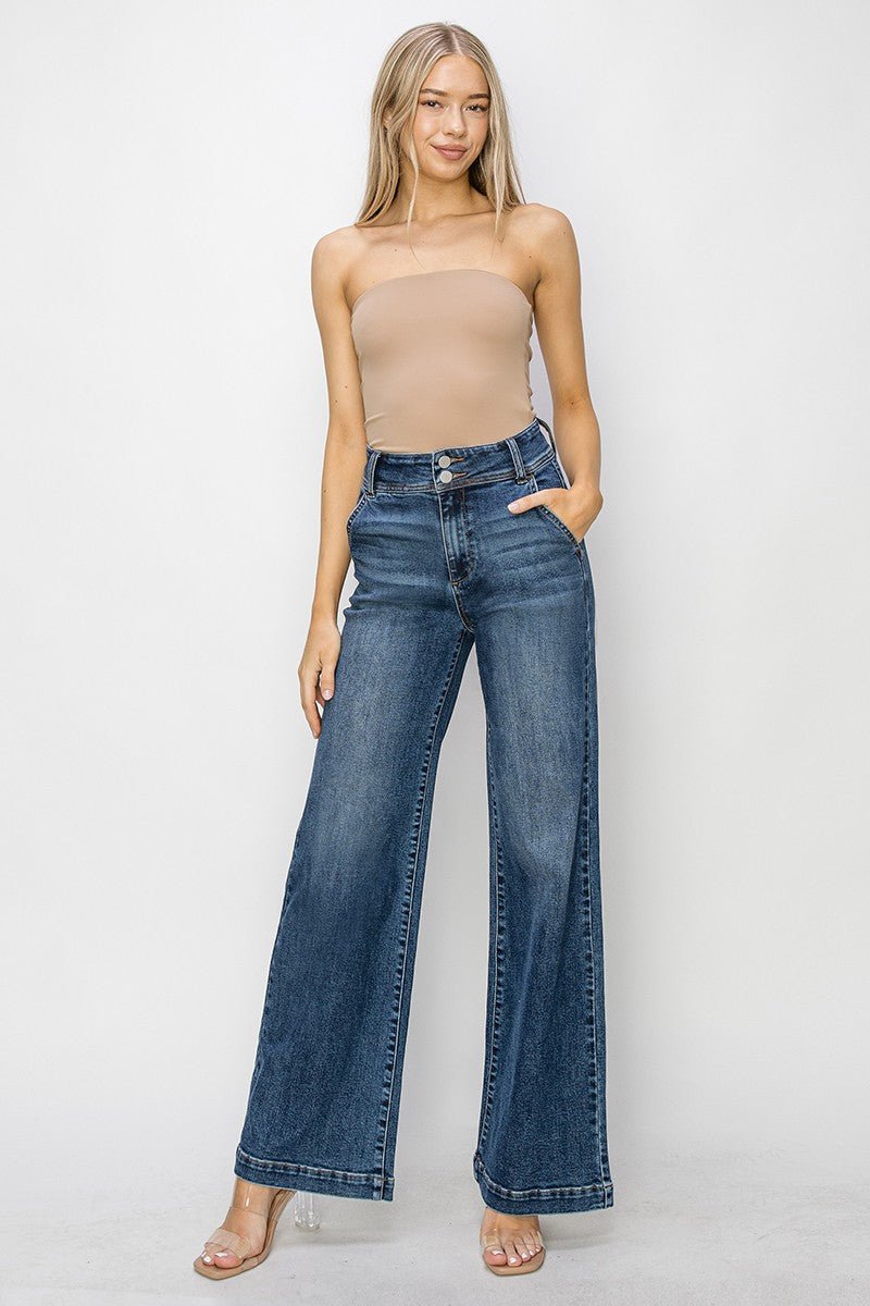 Risen High Rise Double Button Wide Leg Jeans - 9 and 15 remain