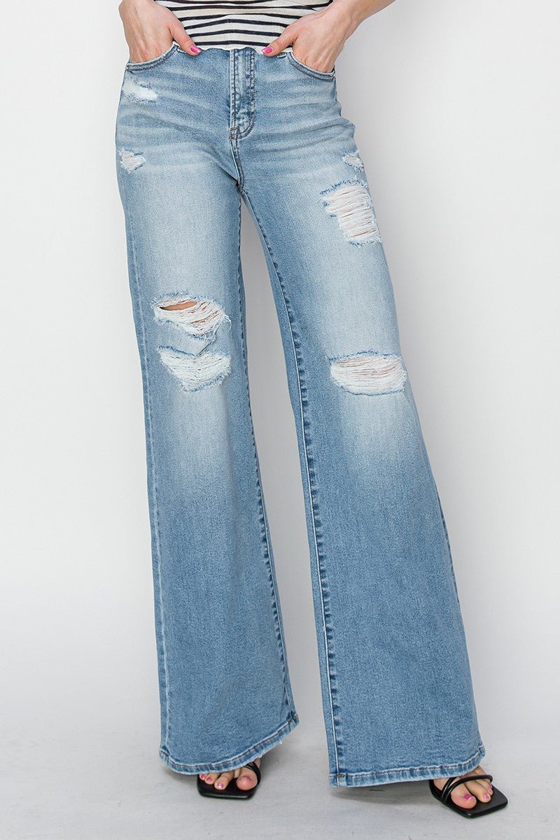 Risen High Rise Wide Distressed Jeans