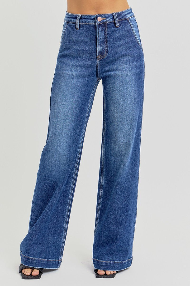 Risen High Rise Wide Leg Slanted Pocket Jeans