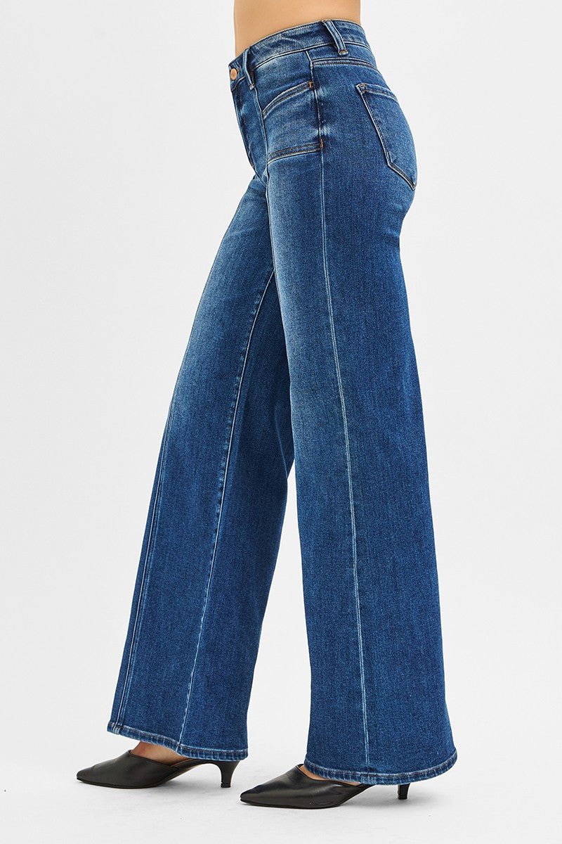 Risen Mid Rise Front Seam Wide Leg Jeans