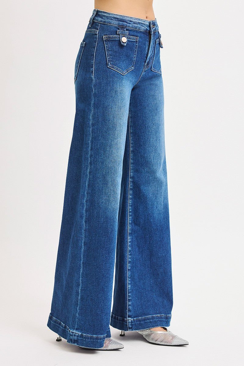 Risen Mid Rise Wide Front Patch Pocket Jeans