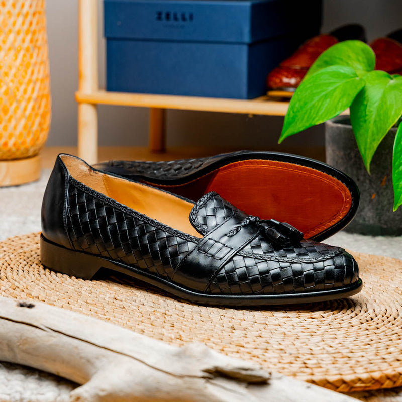 15-250-BLK RIVIERA Basketweave Calfskin Tassel Loafer, Black