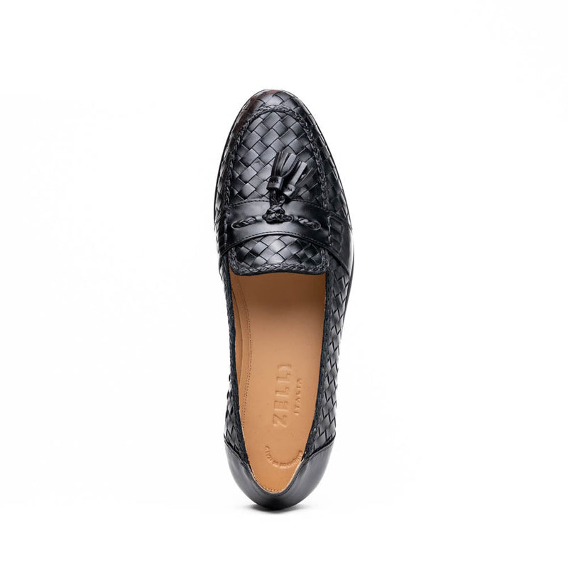 15-250-BLK RIVIERA Basketweave Calfskin Tassel Loafer, Black