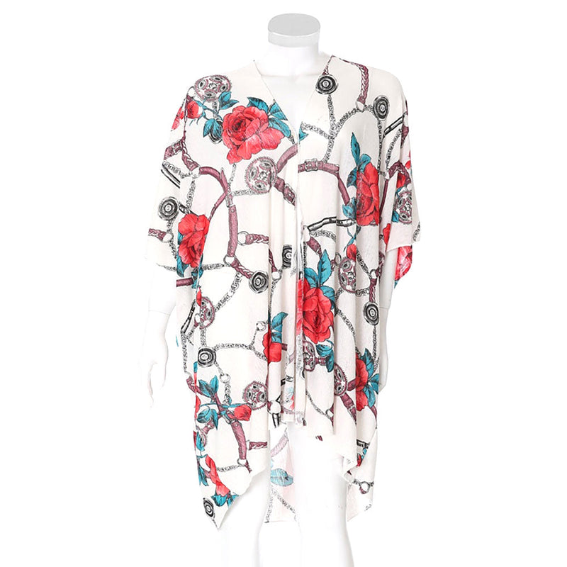 Rose Flower Chain Print Cover Up Kimono Poncho Beachwear
