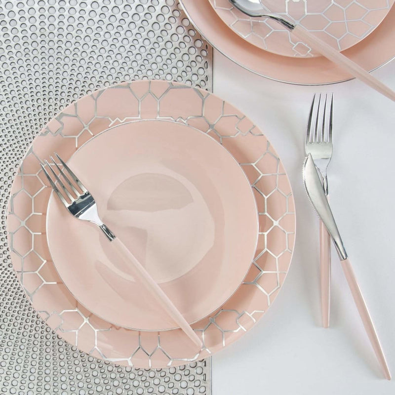 Round Blush Pink and Silver Round Plastic Plates | 10 Pack