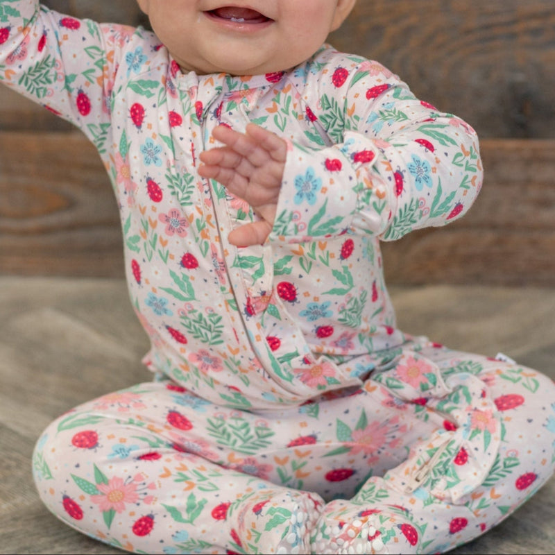 Ladybug Flower Garden Ruffle Baby Footie