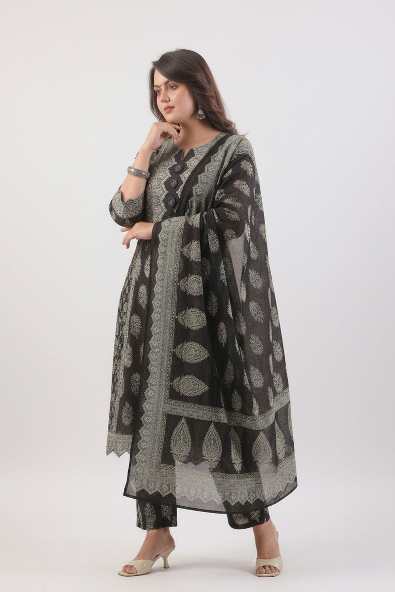Elegant Black & Teal Floral Block Print Kurta Set – Premium 3-Piece Ethnic Wear