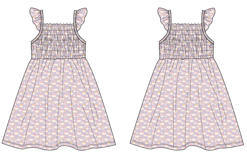 Lavender Rainbows and Clouds Smocked Vintage Dress