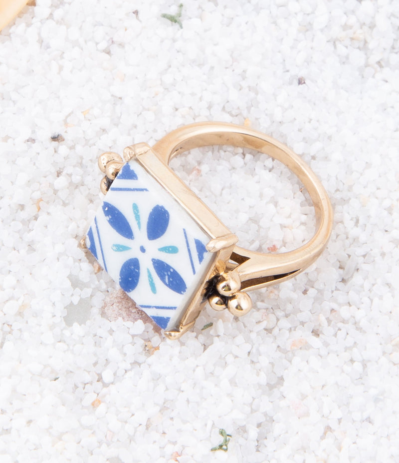 Santorini Blue and White Tile Golden Statement Ring