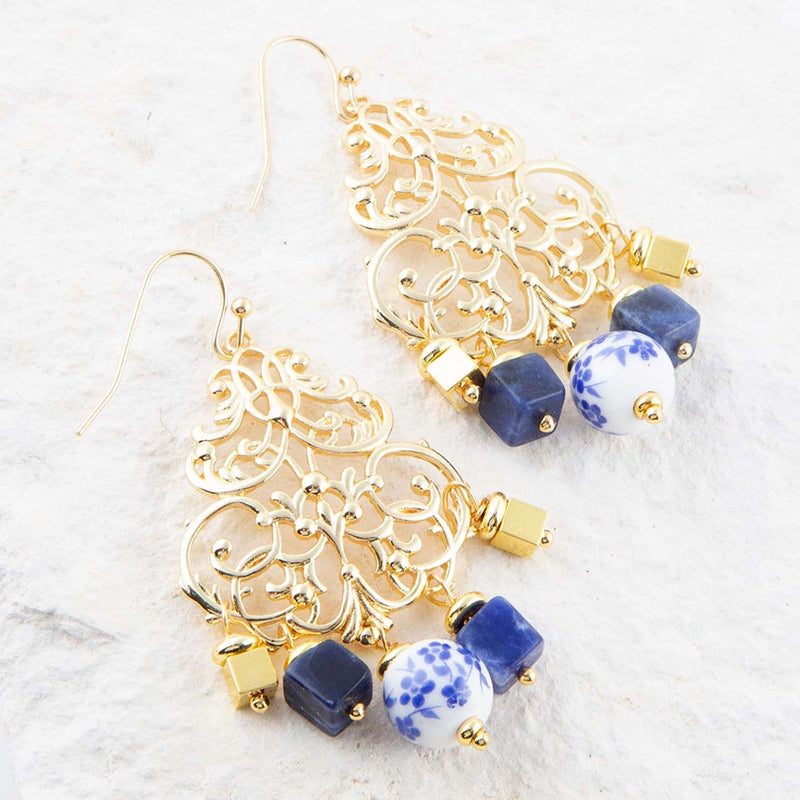 Santorini Cobalt Blue Lapis and Golden Chandelier Earrings