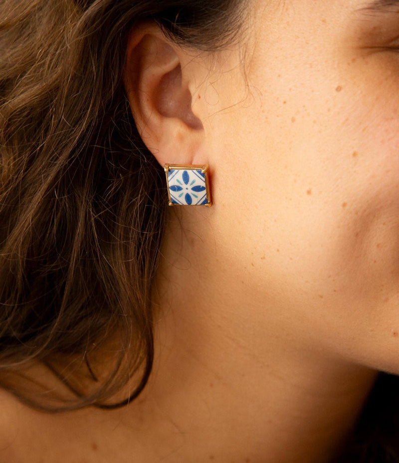 Santorini Dreams Blue and White Tile Post Stud Golden Earrings